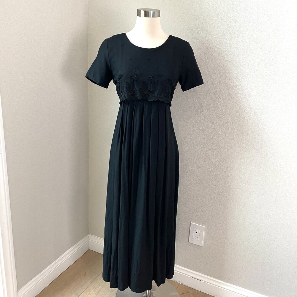 Vintage CDC Womens‎ 4 Black Maxi Dress Short Sleeve Embroidered Bodice Babydoll